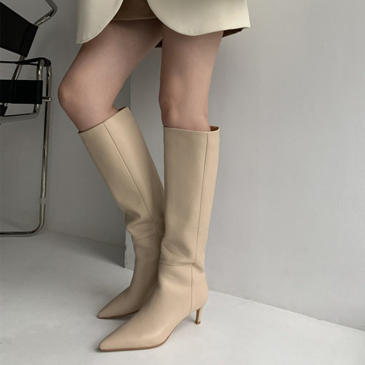 Women's beige leather stiletto knight boots, tall shaft