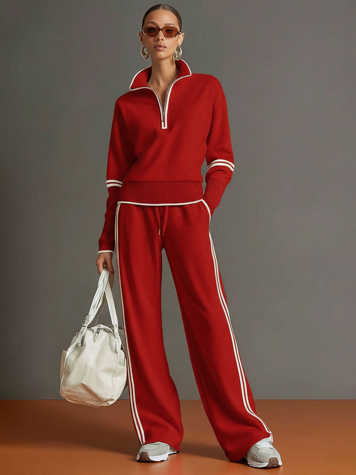 Woman wearing relaxed two piece wide leg set with blouse
