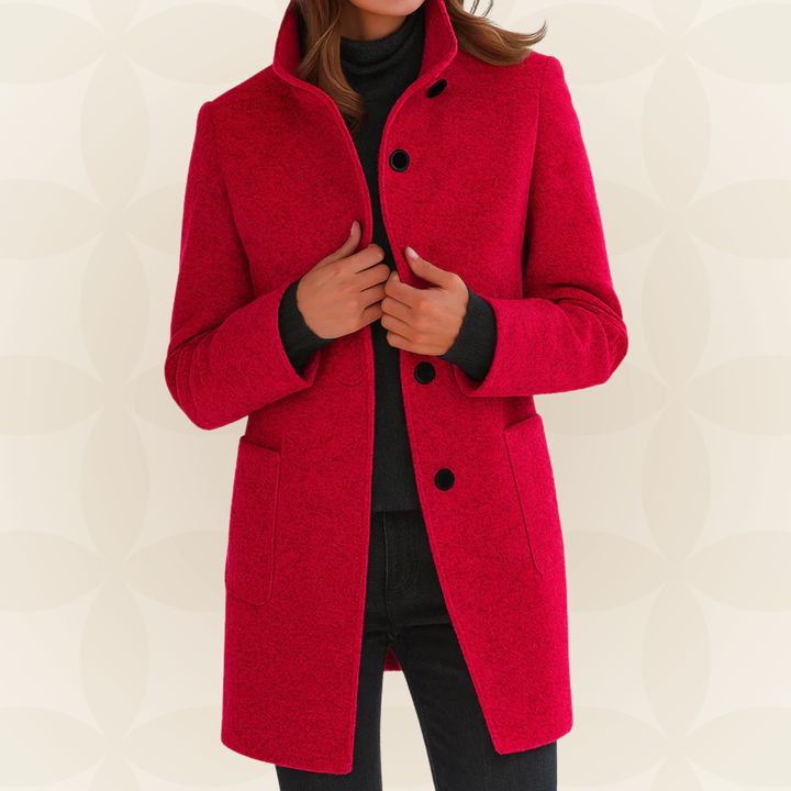 Woman wearing straight-cut winter coat with high collar