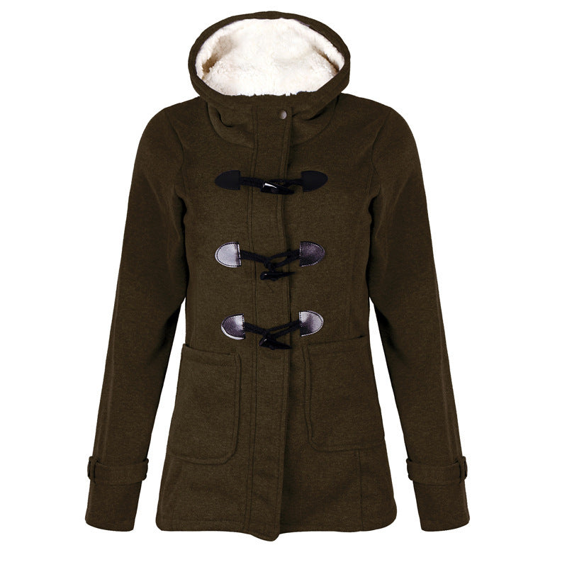 Woman in hooded double-breasted loose-fit coat