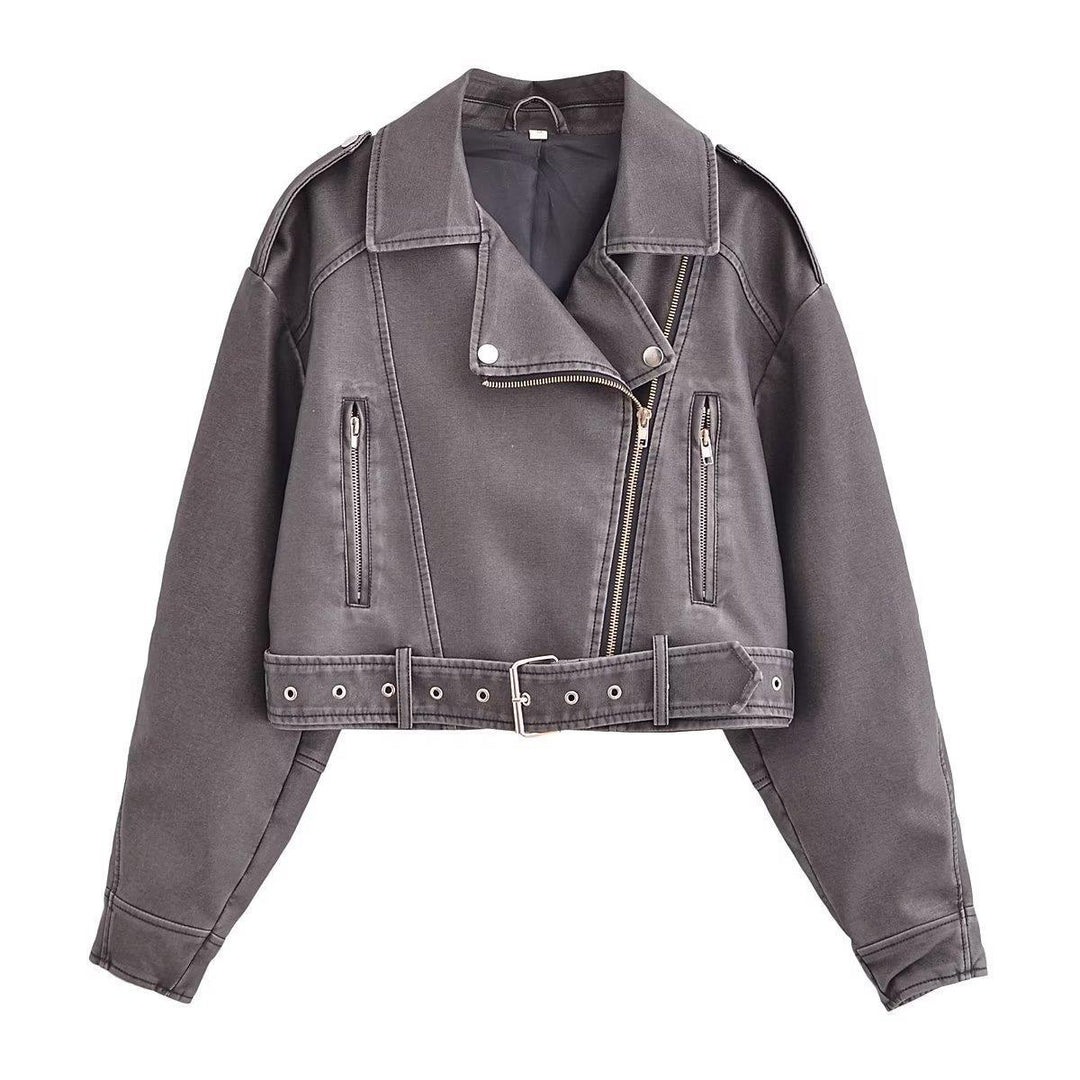Women's washed leather moto jacket in solid color