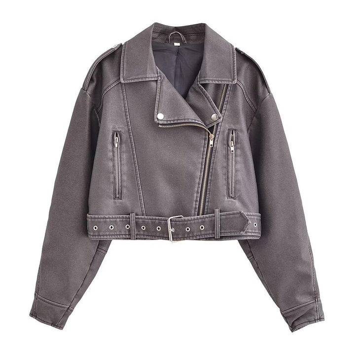 Women's washed leather moto jacket in solid color