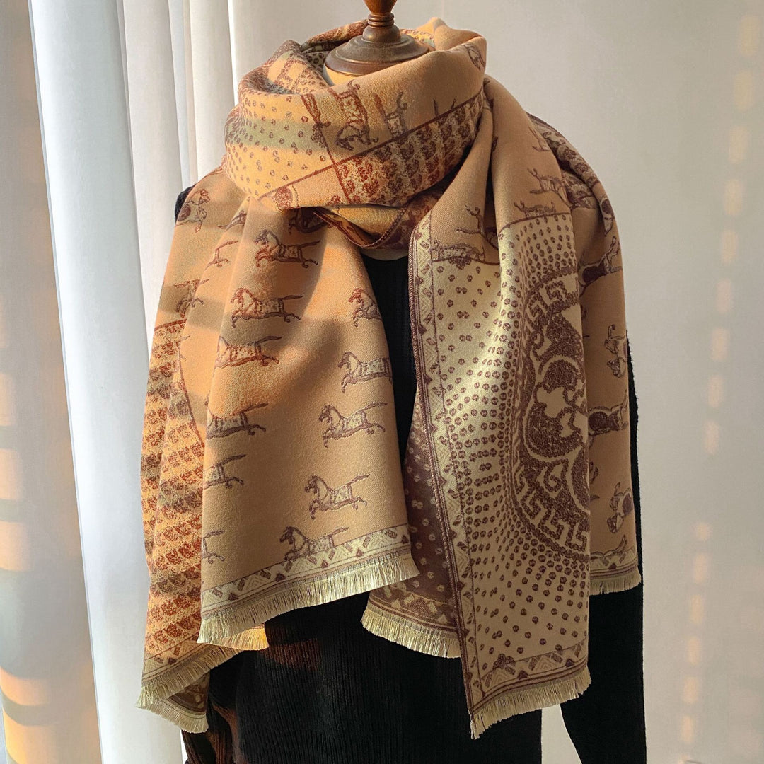 Women's retro jacquard tassel winter scarf