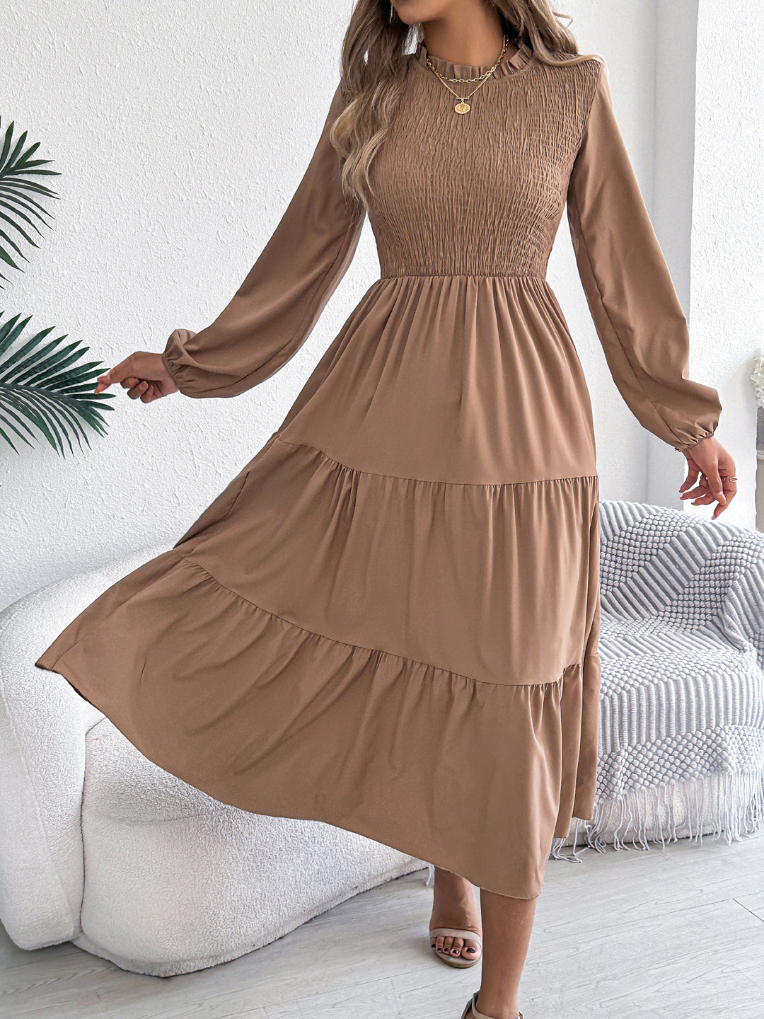 Long sleeve slim fit maxi dress with ruched detail