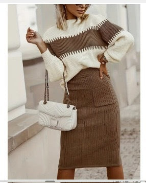 Woman wearing black knit sweater and skirt set