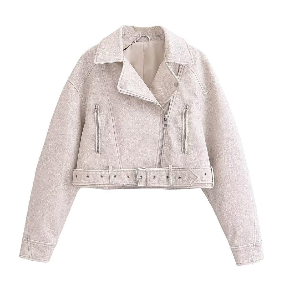 Women's washed leather moto jacket in solid color