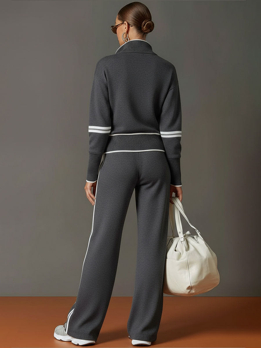 Woman wearing relaxed two piece wide leg set with blouse
