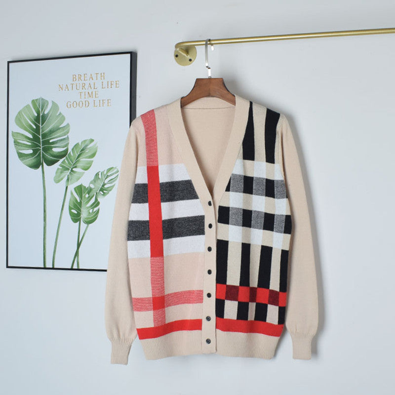Women's knit cardigan sweater with V-neck in khaki