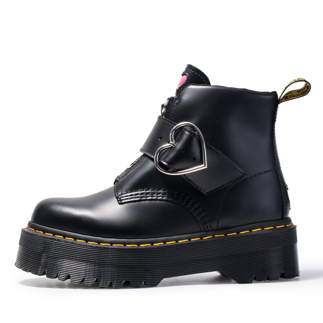 Women's black leather ankle boots with thick heel and zipper