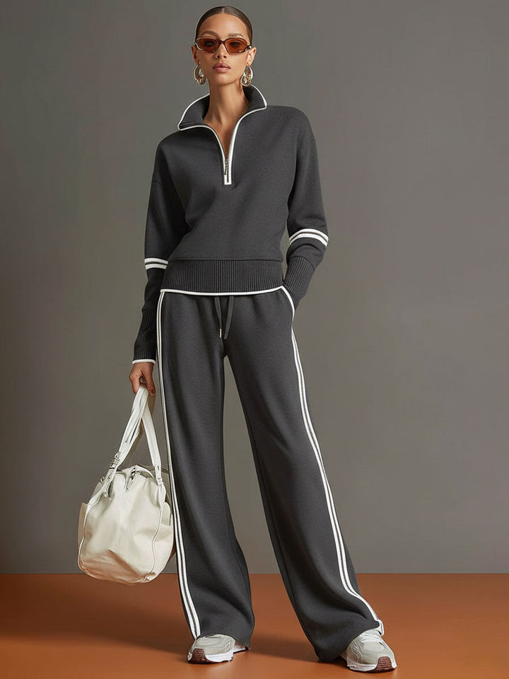 Woman wearing relaxed two piece wide leg set with blouse