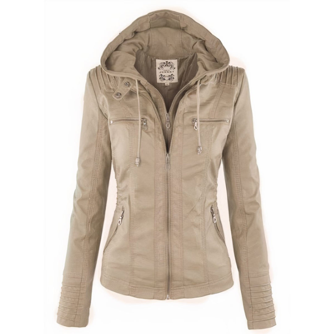 Rosaline | Women's Faux-Leather Hooded Zip-Front Fitted Jacket