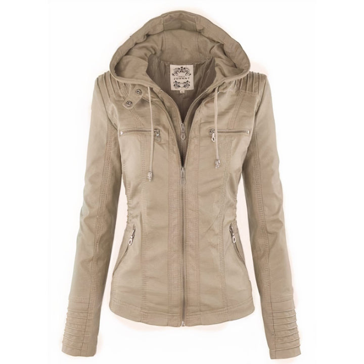 Rosaline | Women's Faux-Leather Hooded Zip-Front Fitted Jacket