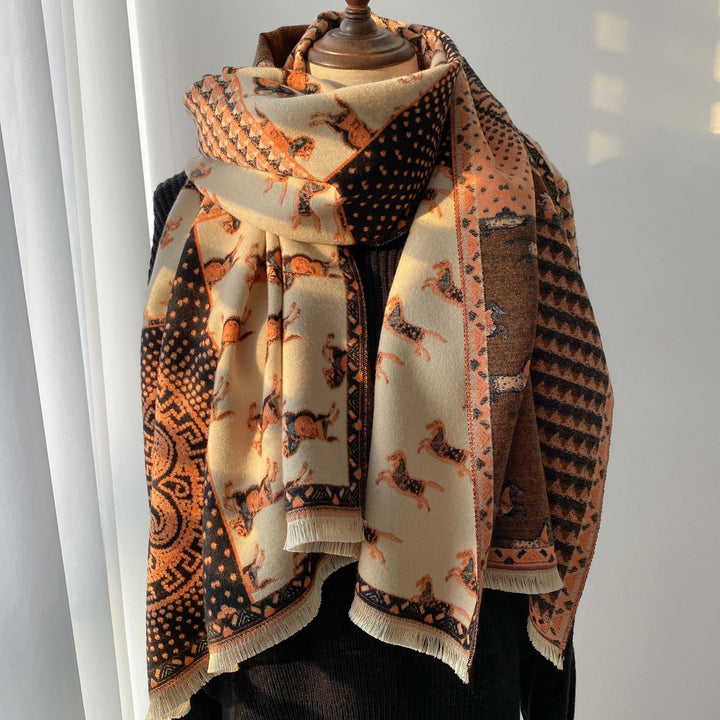 Women's retro jacquard tassel winter scarf