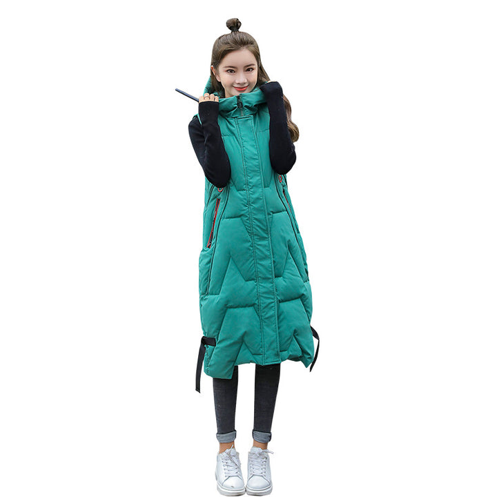 Women's long hooded puffer vest with zip closure