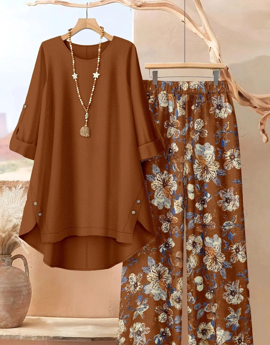Women's leaf print tunic and wide leg pants set