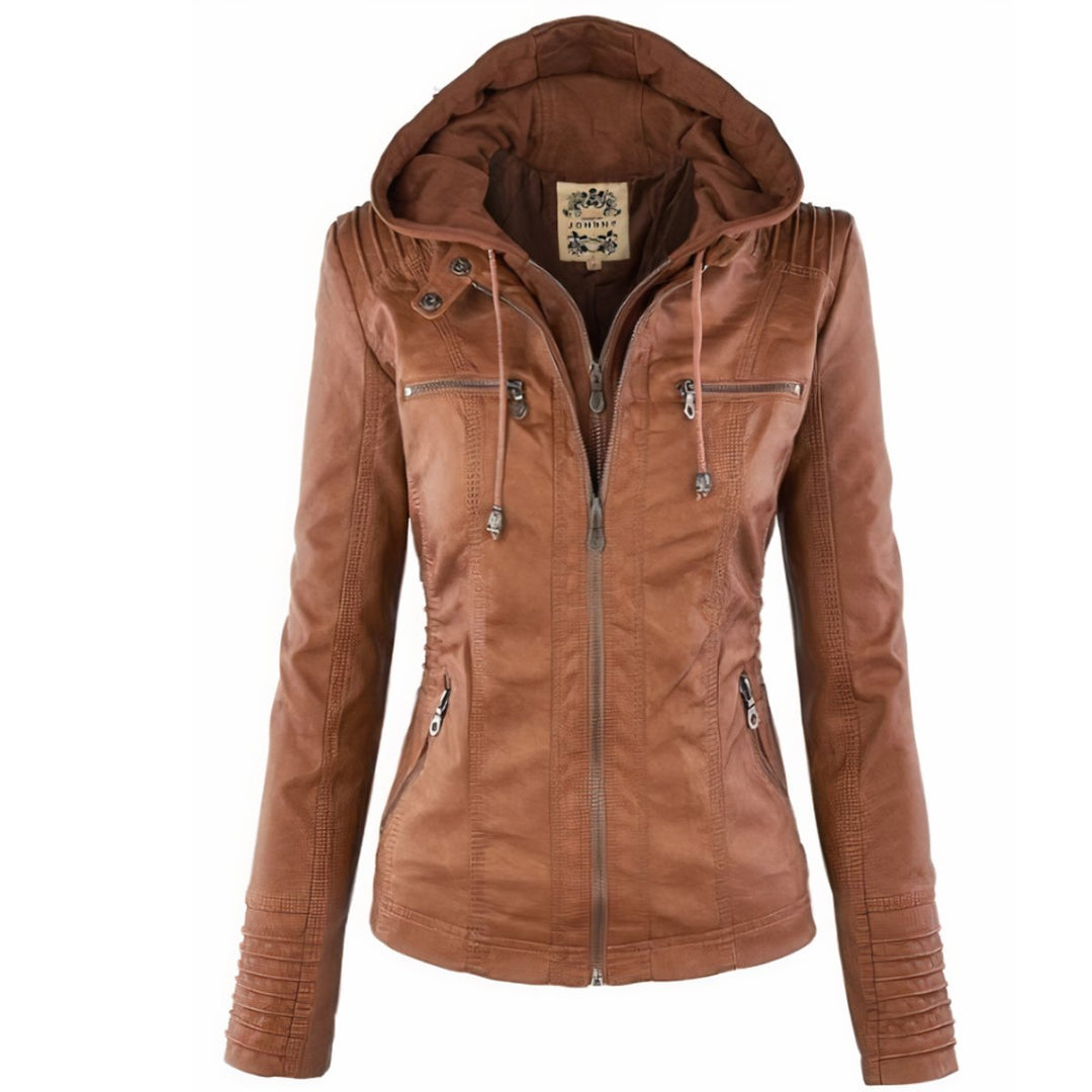 Rosaline | Women's Faux-Leather Hooded Zip-Front Fitted Jacket