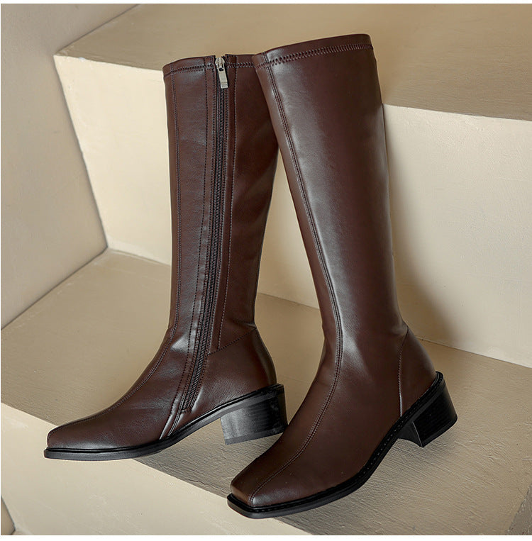 Women's knee high boots with side zipper and thick heel