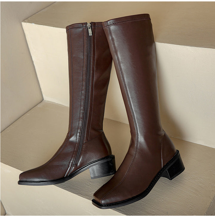 Women's knee high boots with side zipper and thick heel