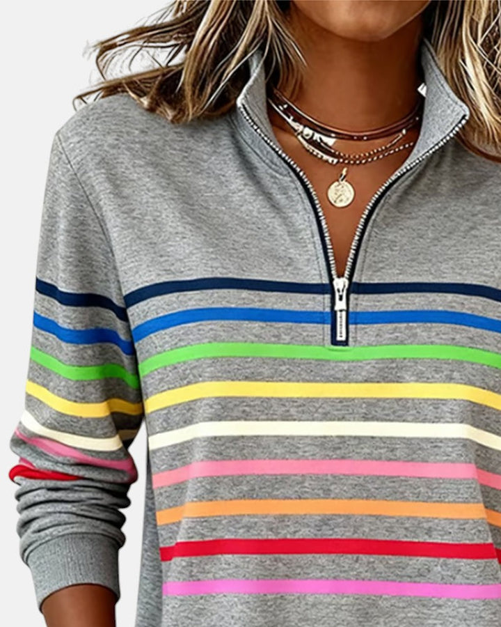 Women's rainbow striped half zip sweatshirt with stand collar