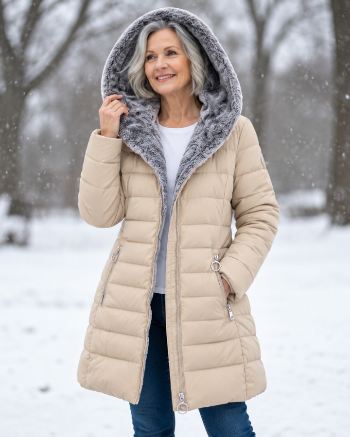 Women's quilted winter coat with hood on model