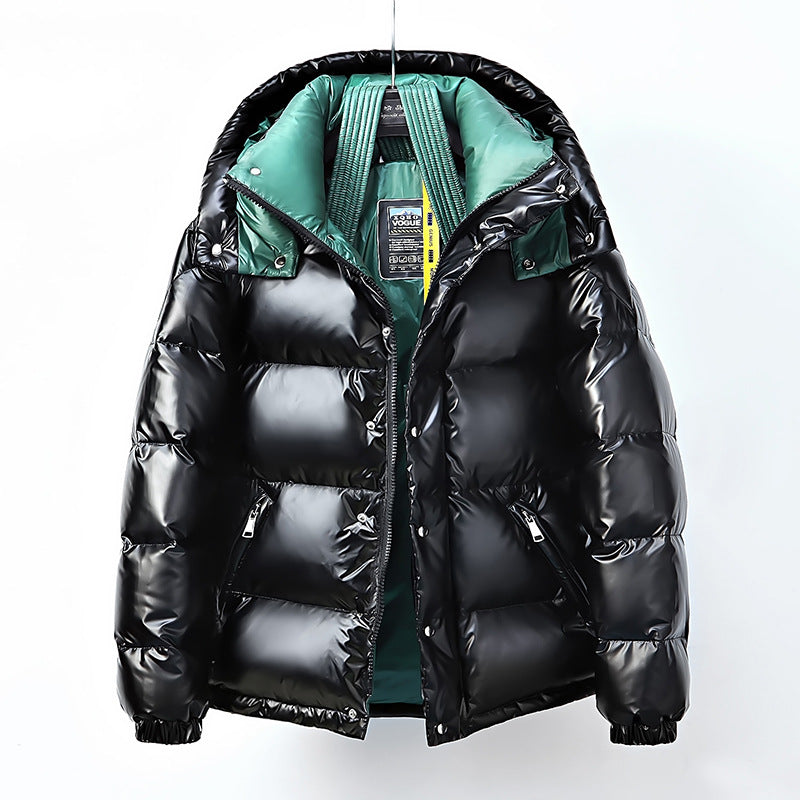 Women's glossy puffer jacket with color block design