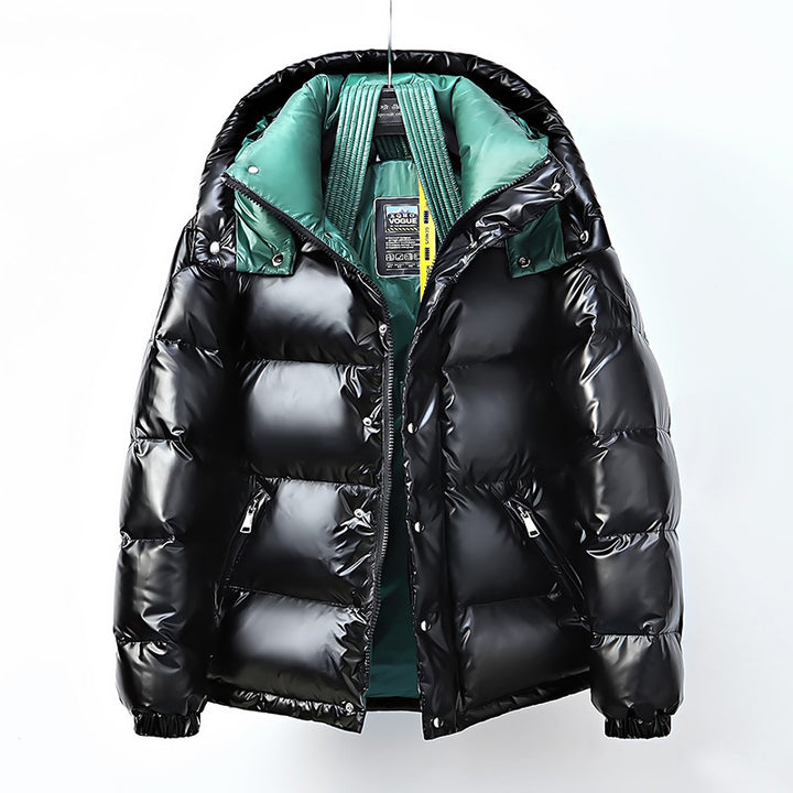Women's glossy puffer jacket with color block design