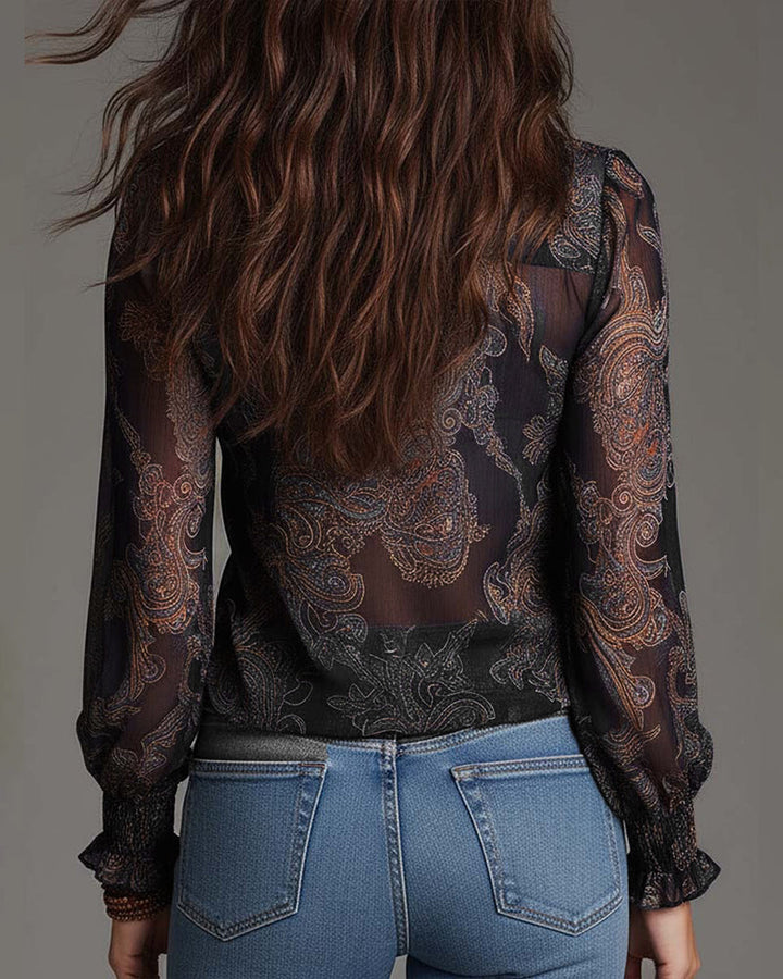 Woman wearing ruffle sleeve V-neck blouse with zip