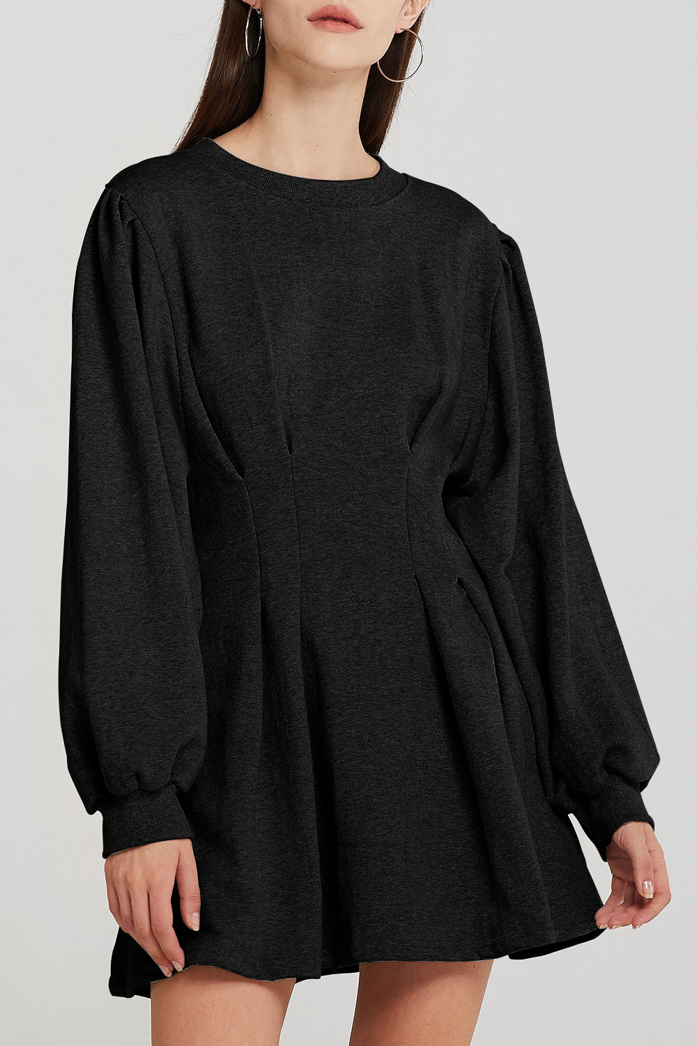 Women's long sleeve pullover sweater dress in black and gray