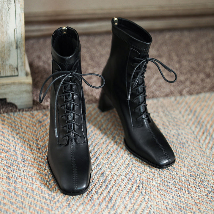Black square toe high heel ankle boots for women