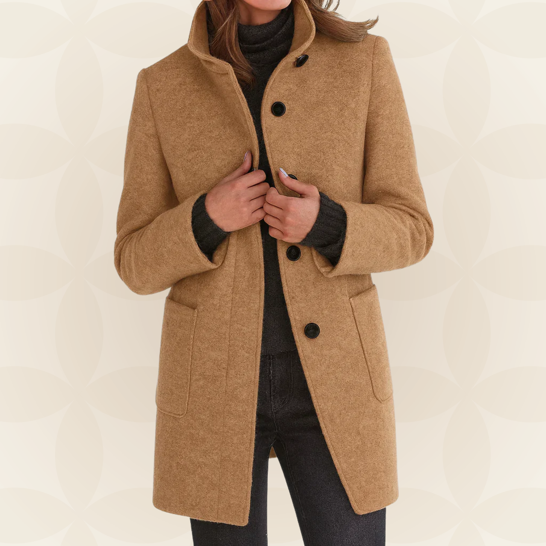 Woman wearing straight-cut winter coat with high collar