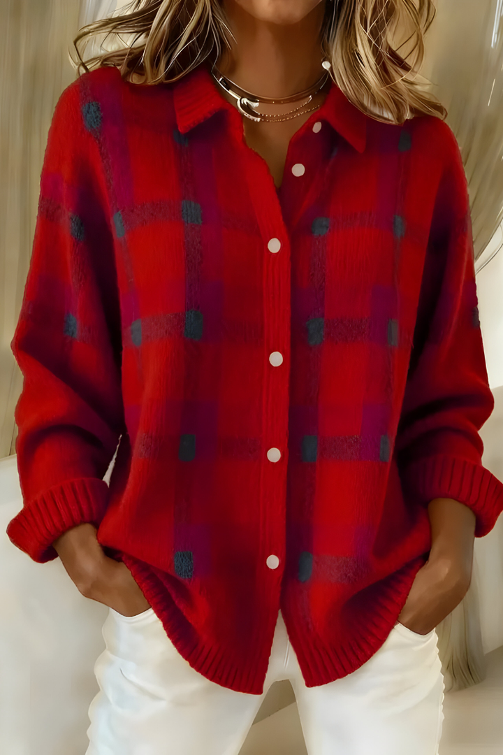 Woman wearing oversized plaid button-up knit cardigan