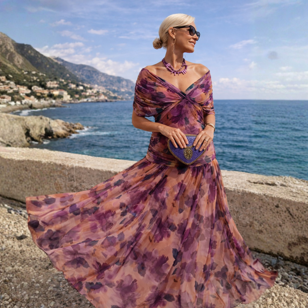 Woman wearing long maxi dress with crossover V-neck