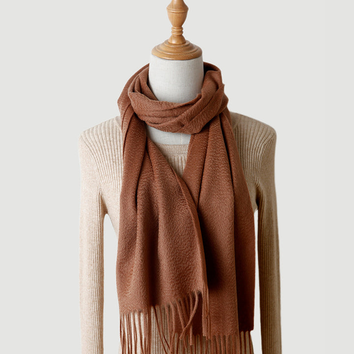 Women's solid color cashmere tassel scarf with long fringe