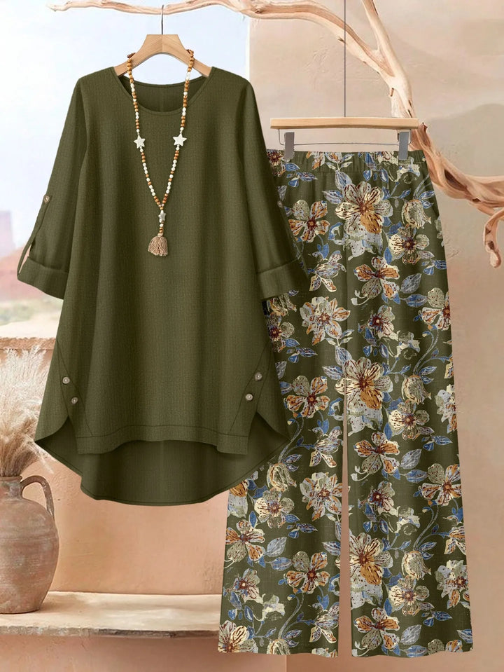 Women's leaf print tunic and wide leg pants set