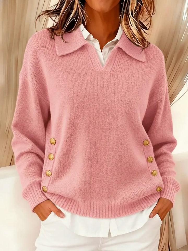 Woman wearing V-neck sweater with fold-over polo collar