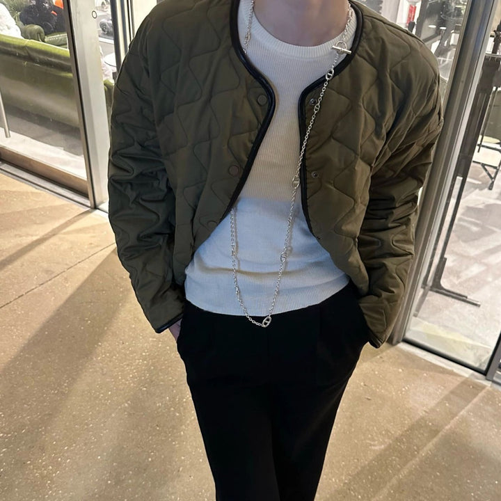 Women's diamond plaid puffer jacket with collarless neckline