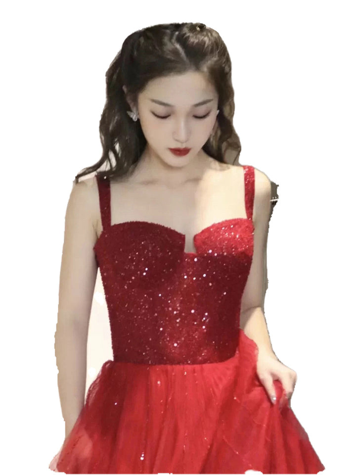 Wine red sequin sling maxi evening dress