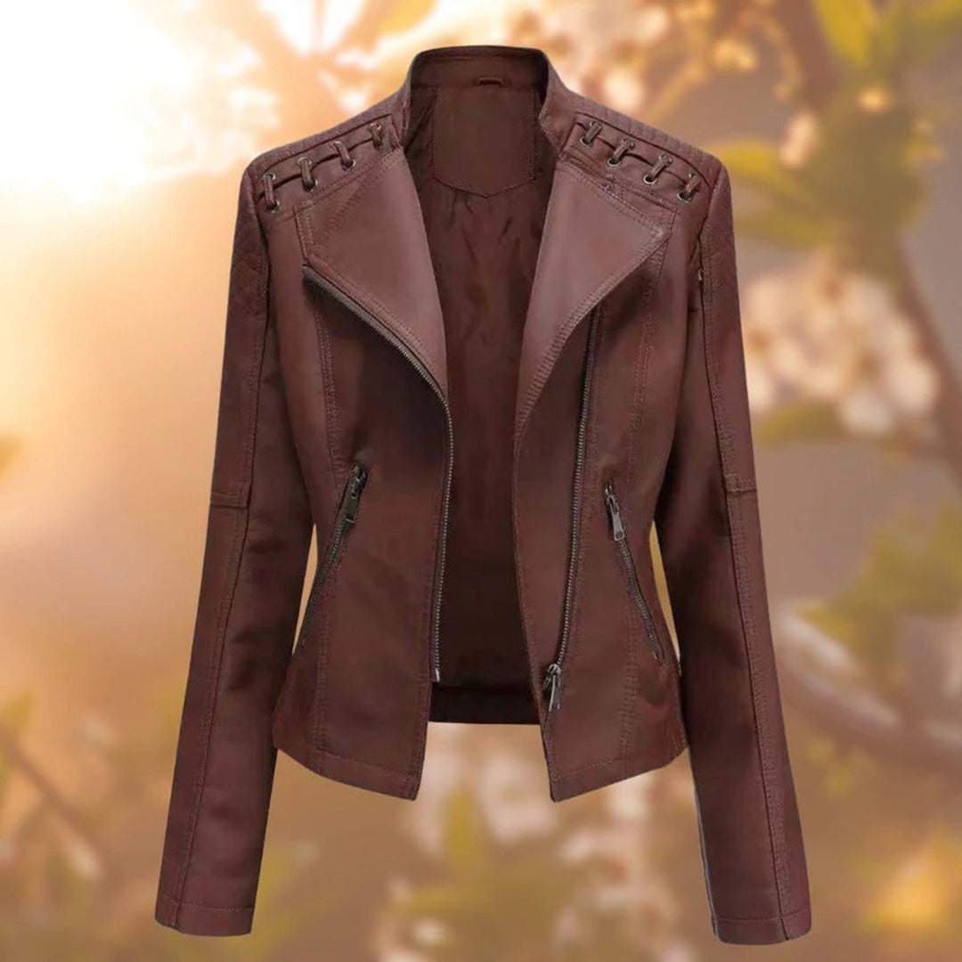 Raphaelle | Women's Faux-Leather Stand-Collar Zip-Front Fitted Jacket
