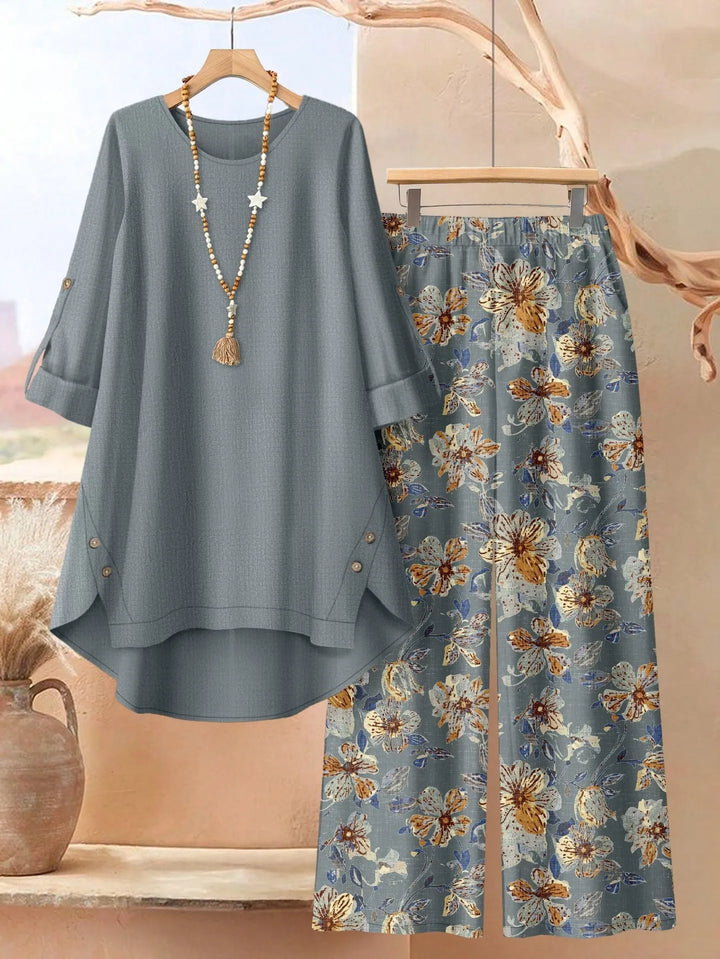 Women's leaf print tunic and wide leg pants set