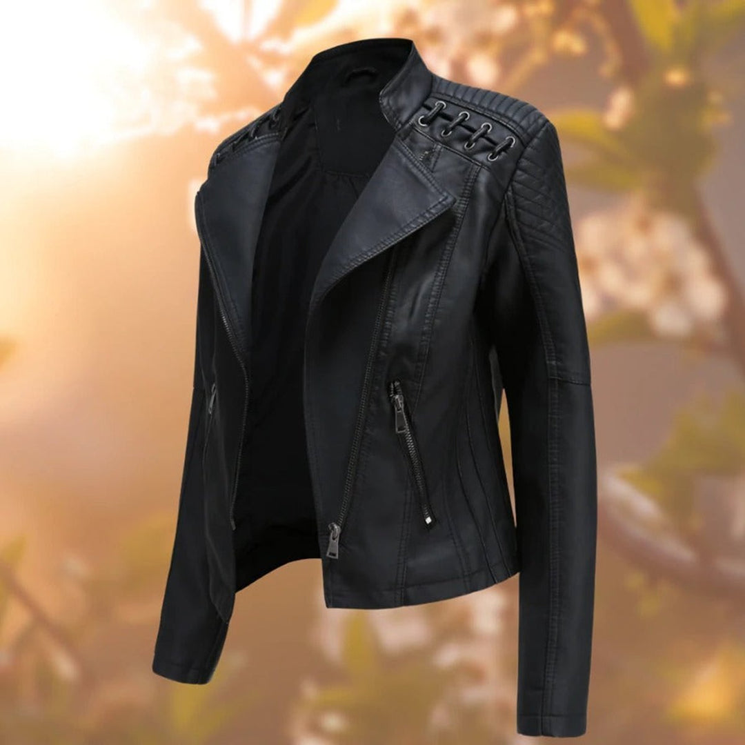 Raphaelle | Women's Faux-Leather Stand-Collar Zip-Front Fitted Jacket