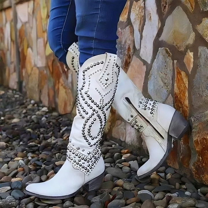 Calantha | Women's Studded Pointed-Toe Block-Heel Knee-High Boots