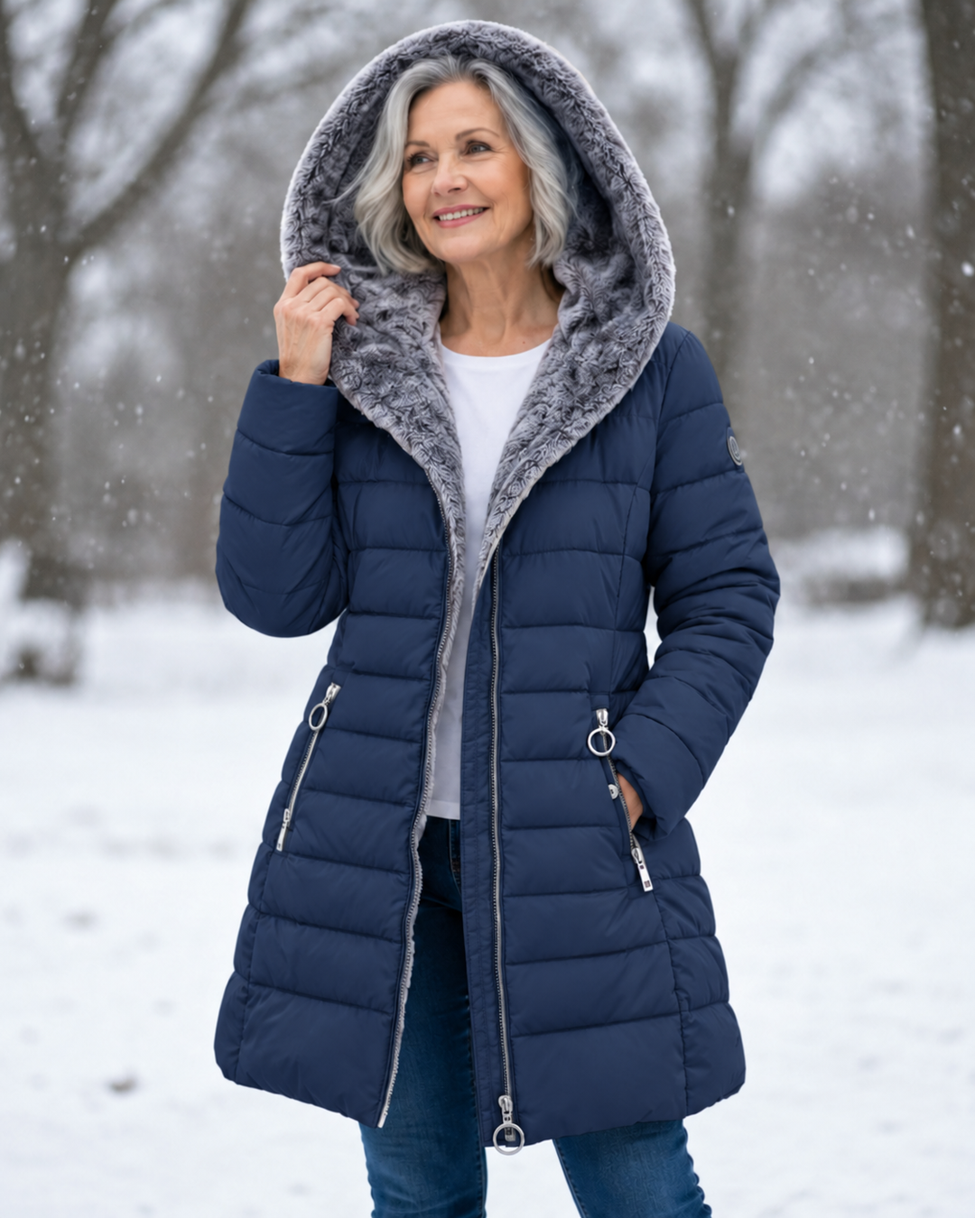 Women's quilted winter coat with hood on model