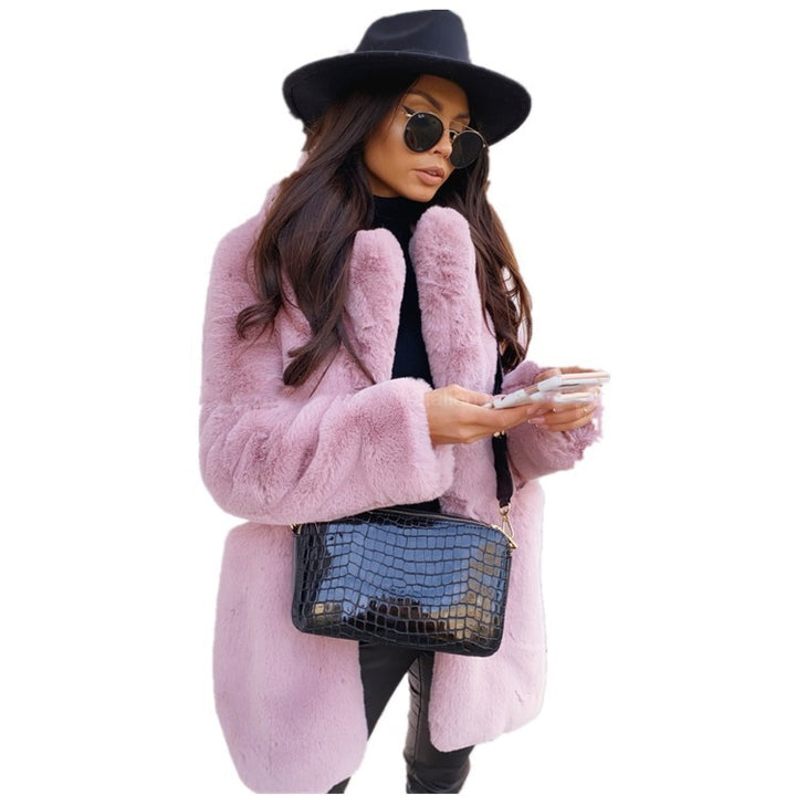 Women's long faux fur coat with lapel collar
