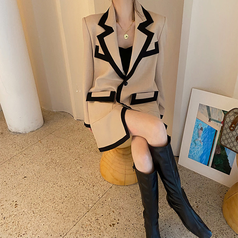 Women's khaki splicing blazer with suit collar