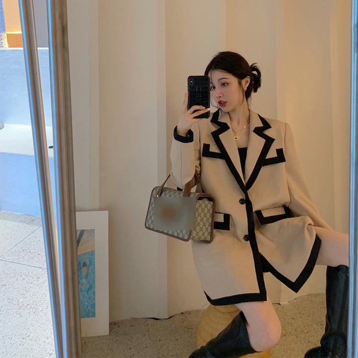 Women's khaki splicing blazer with suit collar