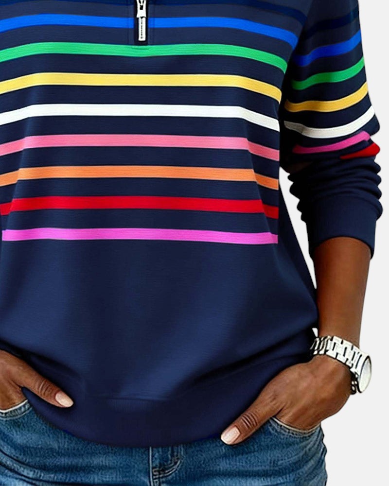 Women's rainbow striped half zip sweatshirt with stand collar