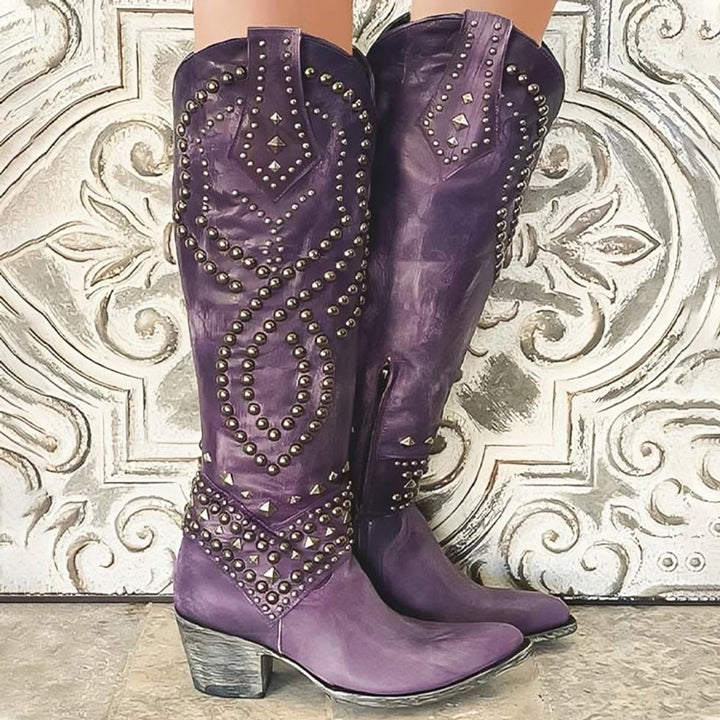 Calantha | Women's Studded Pointed-Toe Block-Heel Knee-High Boots