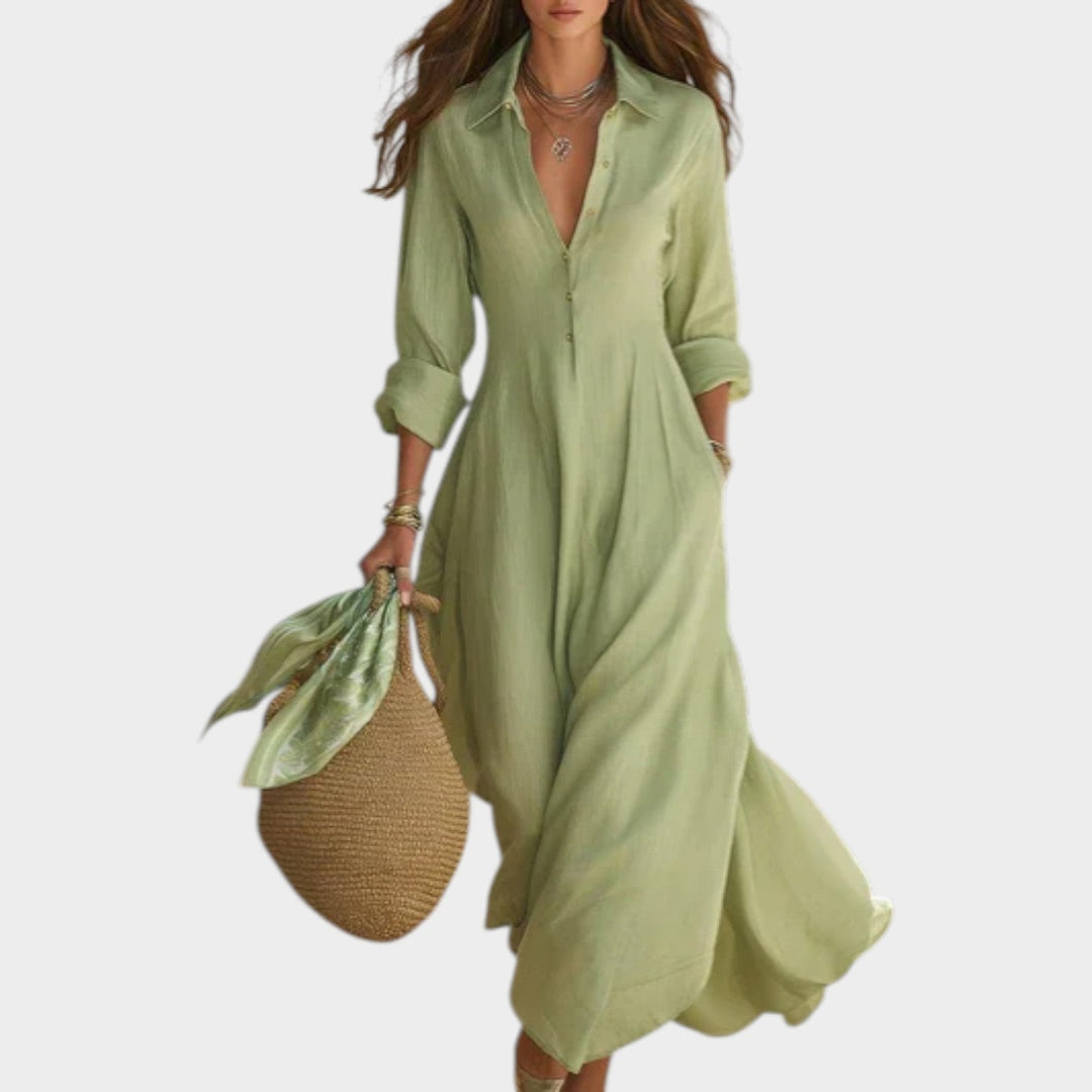 Woman in button front maxi dress with long sleeves