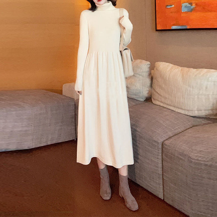 Women's mid-length knit sweater dress with elastic waist