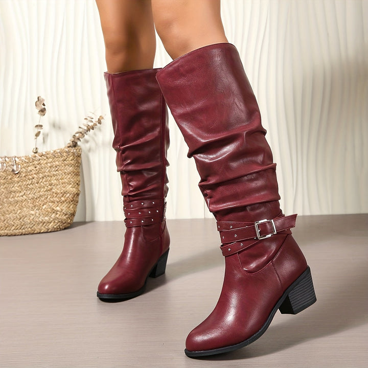 Endellion | Women's Studded Block-Heel Knee-High Buckle Boots